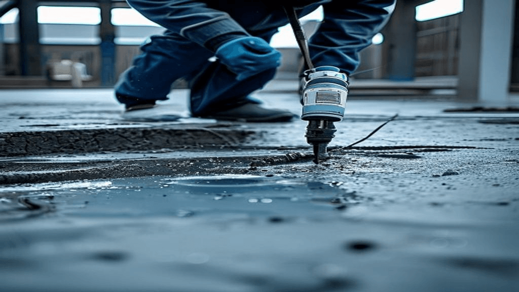 High-density polyurethane geotechnical foam injected through drilled ports to lift and level a settled concrete slab