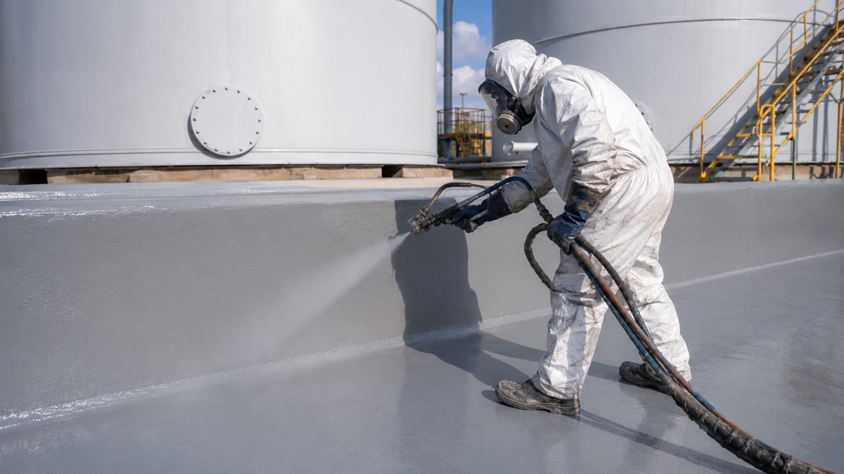 Worker spray-applying polyurea coating on a chemical secondary containment structure