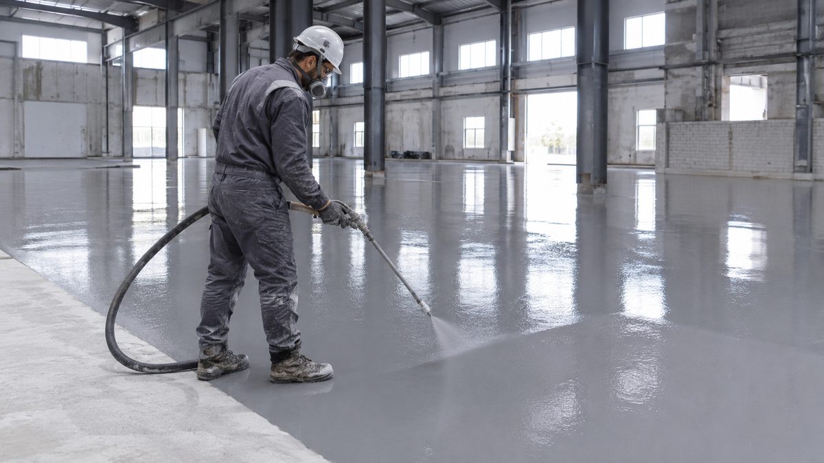 Applicator spray-applying seamless polyurea resin floor coating in an industrial facility