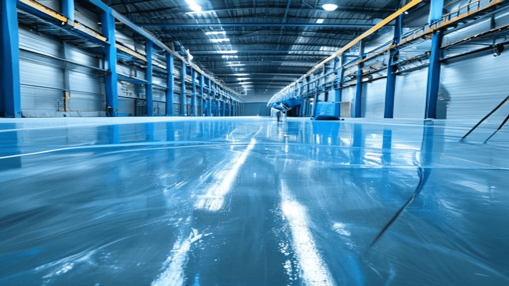 Seamless polyurea floor coating sprayed in an industrial warehouse and food processing facility