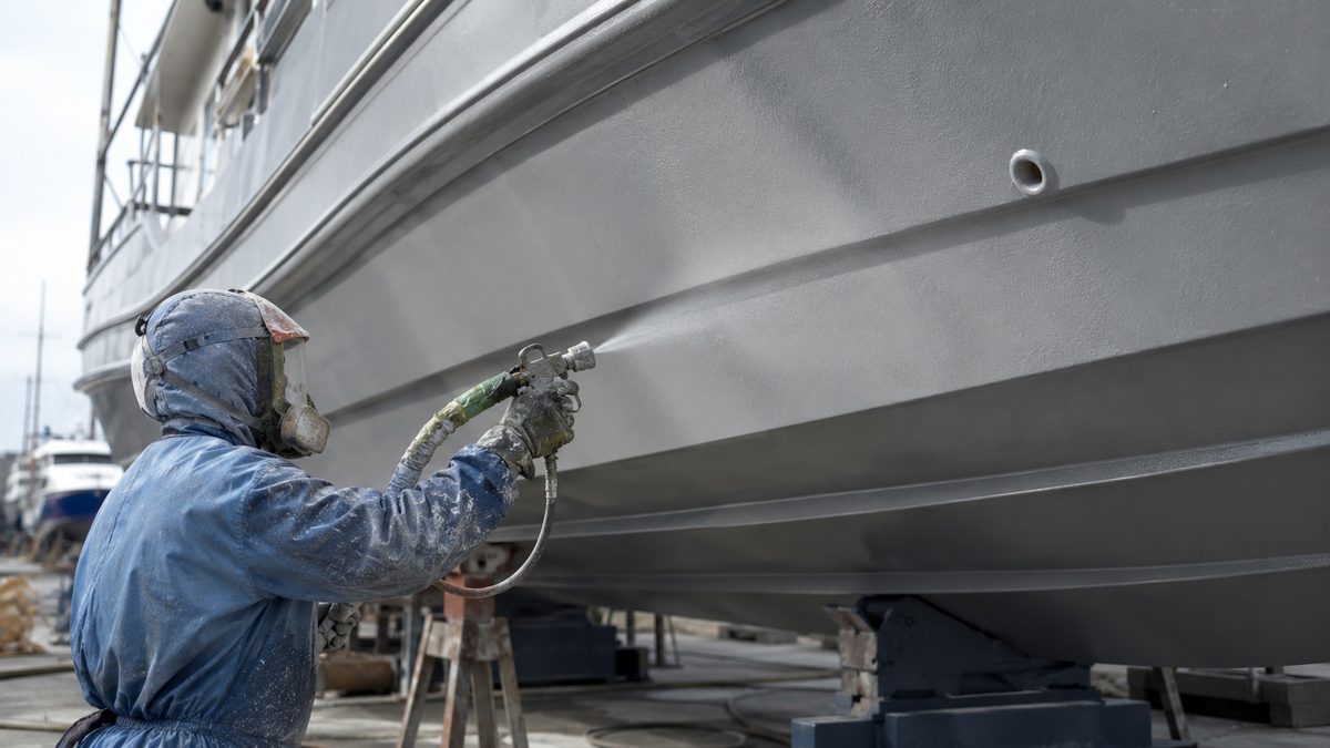 Worker spray-applying polyurea protective coating on a boat hull in a shipyard