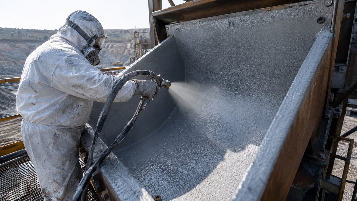 Worker spray-applying polyurea wear lining onto a mining ore chute