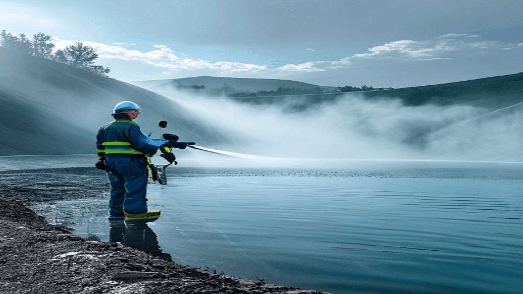 Spray-applied pure polyurea waterproofing membrane lining an irrigation pond and earthen canal bank