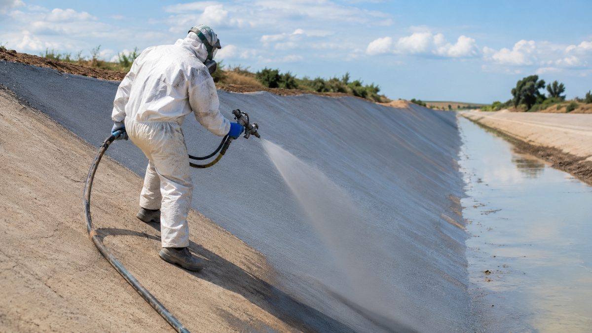 Worker spray-applying polyurea waterproof liner on a canal and reservoir slope