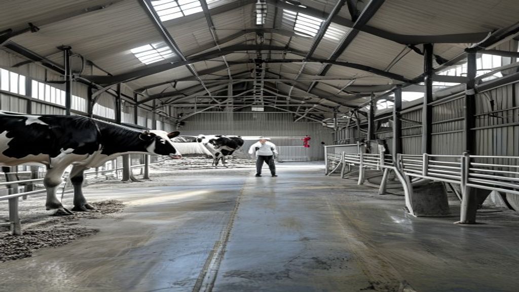 Agricultural spray polyurethane foam insulation — SPF inside a modern dairy barn or livestock facility