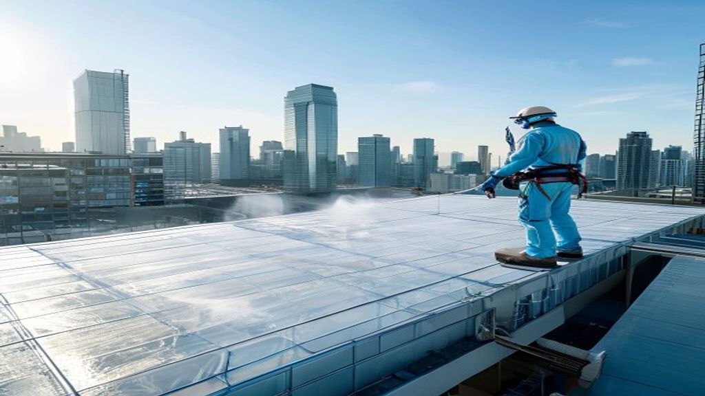 Commercial spray polyurethane foam insulation — SPF on steel frame structure inside a commercial building
