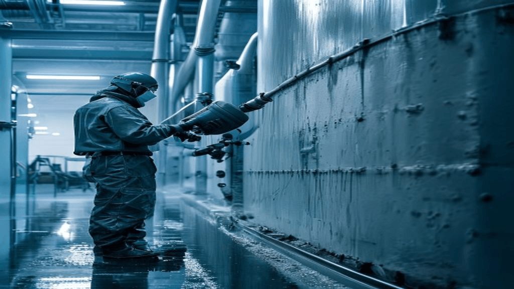 Chemical-resistant polyurea lining sprayed on an industrial chemical storage tank and containment