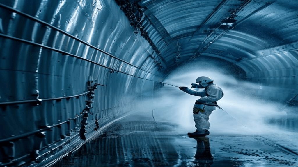 Polyurea tank lining sprayed inside a steel crude oil and fuel storage tank
